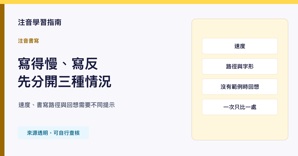 以標準注音符號、筆順格與分項觀察呈現書寫練習