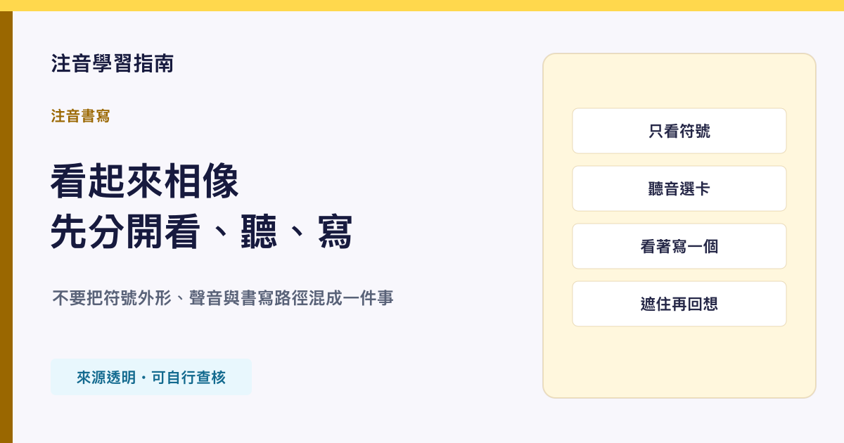 以兩組外形相近的注音、筆順路徑與聲音提示呈現分開觀察方式